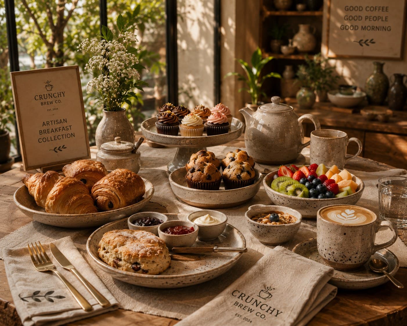 An editorial breakfast table at Crunchy Brew Co. with croissants, a granola bowl, fresh fruit, and coffee, lit by soft morning light