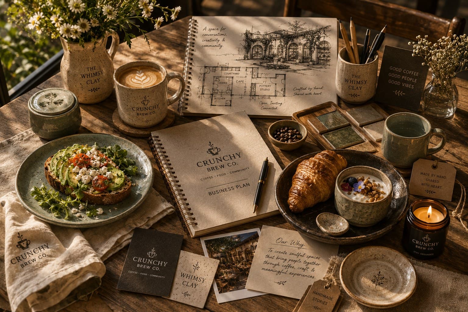 A warmly lit table displaying Crunchy Brew Co. coffee bags, hand-thrown mugs, and The Whimsy Clay branded goods