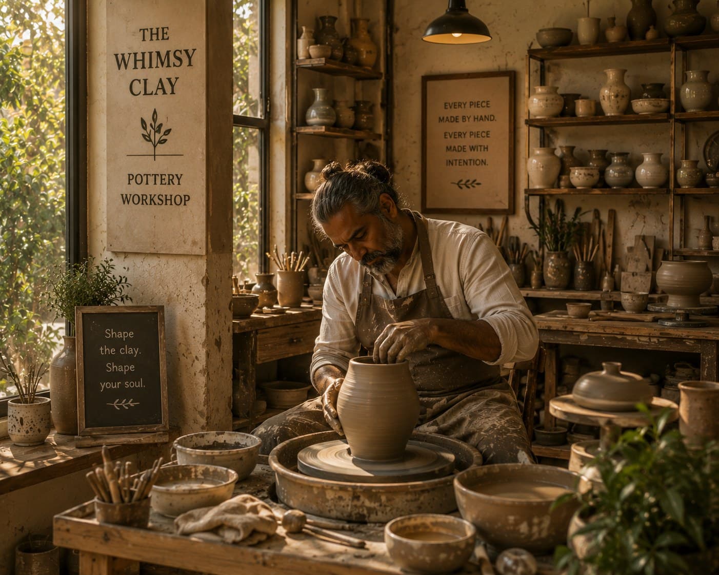 A master potter's hands shaping clay on a spinning wheel