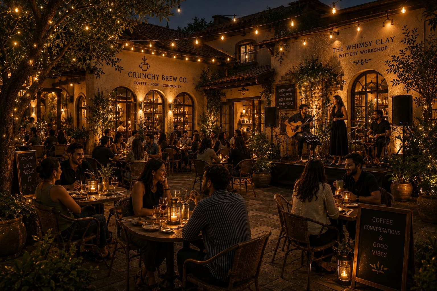 Guests gathered in the courtyard at dusk with string lights and live music at Crunchy Brew Co.